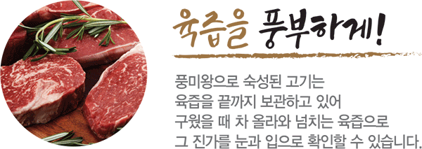 육즙을 풍부하게-풍미왕으로 숙성된고기는 육즙을 끝까지 보관하고 있어 구웠을때 차 올라와 넘치는 육즙으로 그 진가를 눈과 입으로 확인할 수 있습니다.